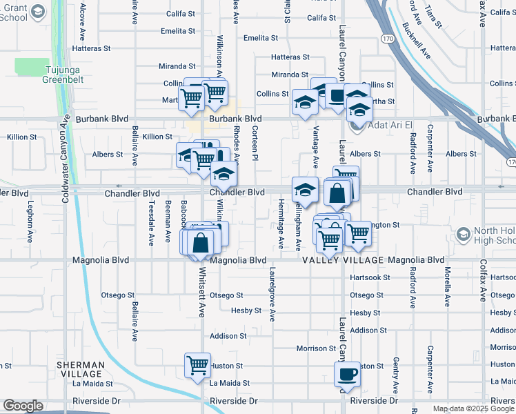 map of restaurants, bars, coffee shops, grocery stores, and more near 5311 Corteen Place in Los Angeles