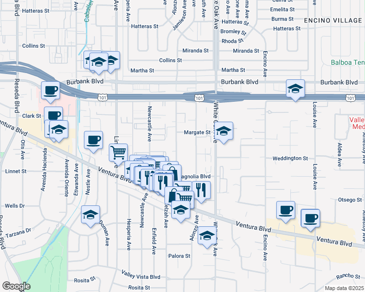 map of restaurants, bars, coffee shops, grocery stores, and more near 5303 Yarmouth Avenue in Los Angeles