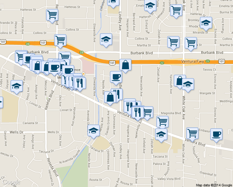 map of restaurants, bars, coffee shops, grocery stores, and more near 5300 Garden Grove Avenue in Los Angeles