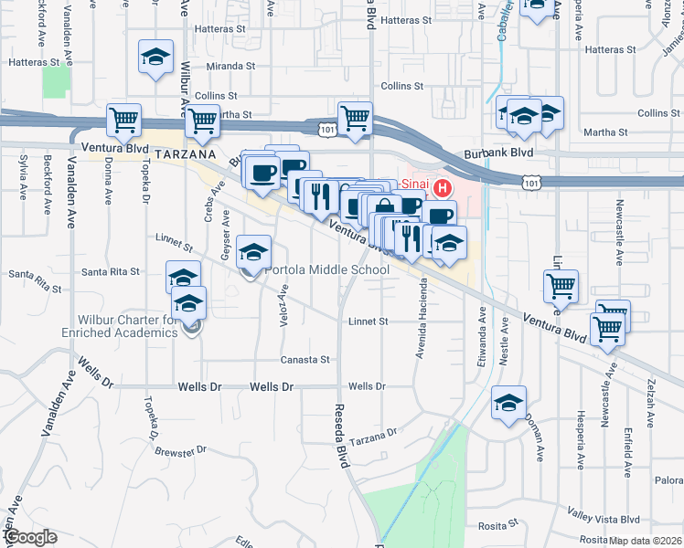 map of restaurants, bars, coffee shops, grocery stores, and more near 5250 Mecca Avenue in Los Angeles