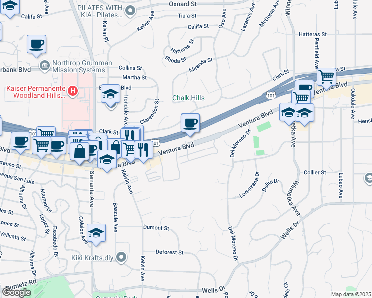 map of restaurants, bars, coffee shops, grocery stores, and more near 20564 Ventura Boulevard in Los Angeles