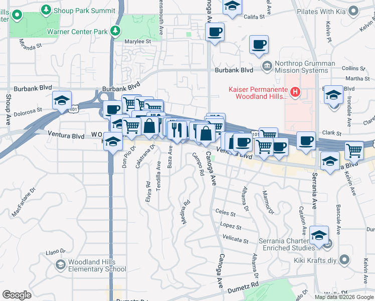 map of restaurants, bars, coffee shops, grocery stores, and more near 5355 Campo Road in Los Angeles