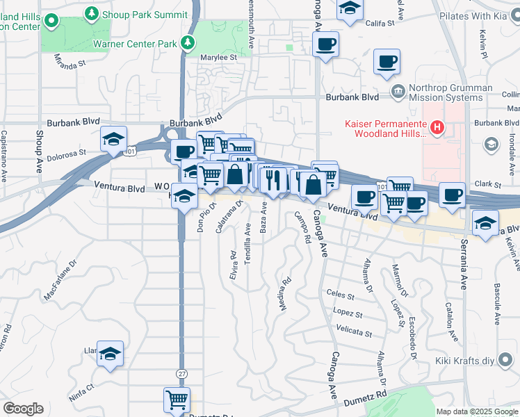 map of restaurants, bars, coffee shops, grocery stores, and more near 5344 Baza Avenue in Los Angeles