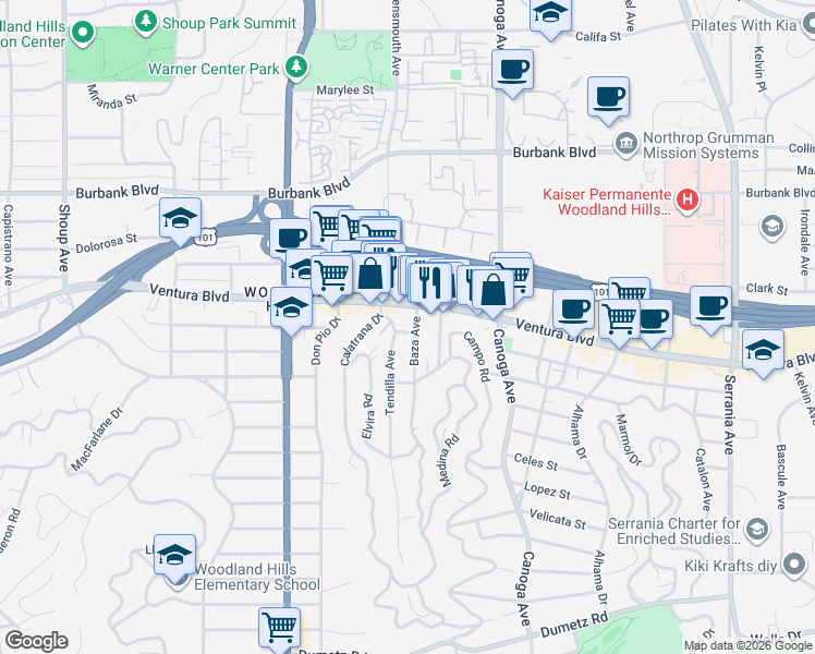map of restaurants, bars, coffee shops, grocery stores, and more near 5344 Baza Avenue in Los Angeles