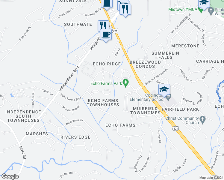map of restaurants, bars, coffee shops, grocery stores, and more near 320 Wimbledon Court in Wilmington