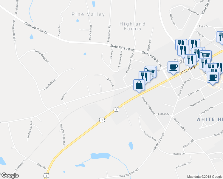 map of restaurants, bars, coffee shops, grocery stores, and more near 2383 State Road S-28-120 in Elgin