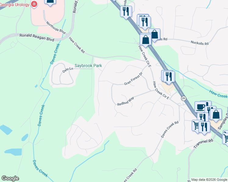 map of restaurants, bars, coffee shops, grocery stores, and more near 1750 Redbud Way in Cumming
