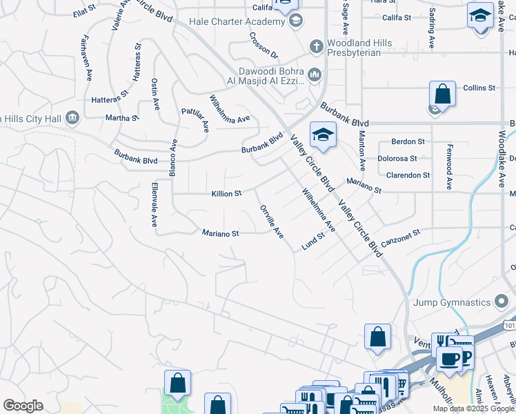map of restaurants, bars, coffee shops, grocery stores, and more near 5345 Orrville Avenue in Los Angeles
