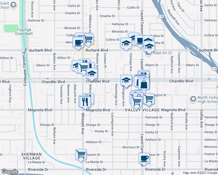 map of restaurants, bars, coffee shops, grocery stores, and more near 5330 Corteen Place in Los Angeles