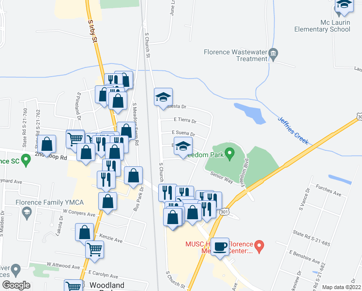map of restaurants, bars, coffee shops, grocery stores, and more near 316 East Rico Drive in Florence
