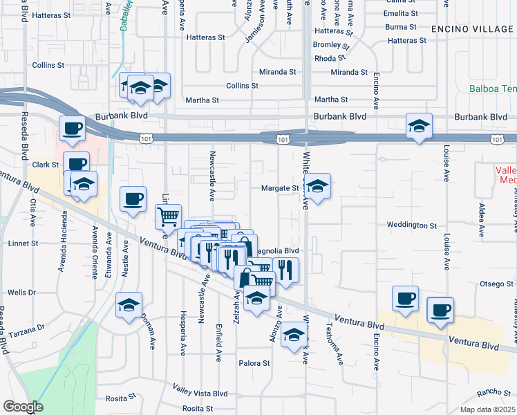 map of restaurants, bars, coffee shops, grocery stores, and more near 5320 Zelzah Avenue in Los Angeles