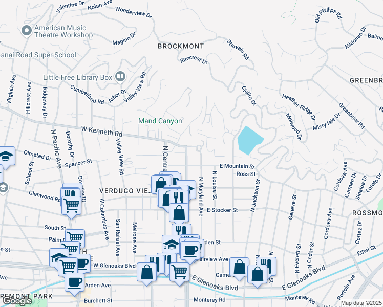 map of restaurants, bars, coffee shops, grocery stores, and more near 1422 North Brand Boulevard in Glendale