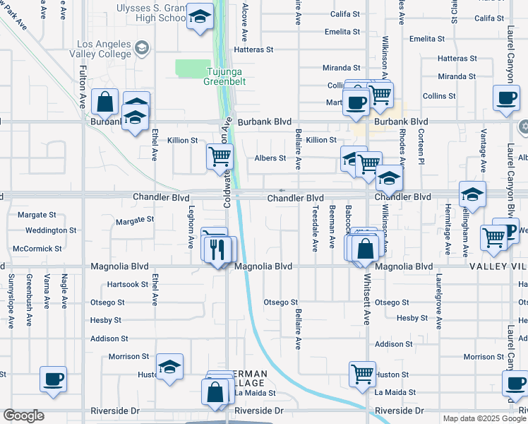 map of restaurants, bars, coffee shops, grocery stores, and more near 5333 Goodland Avenue in Los Angeles