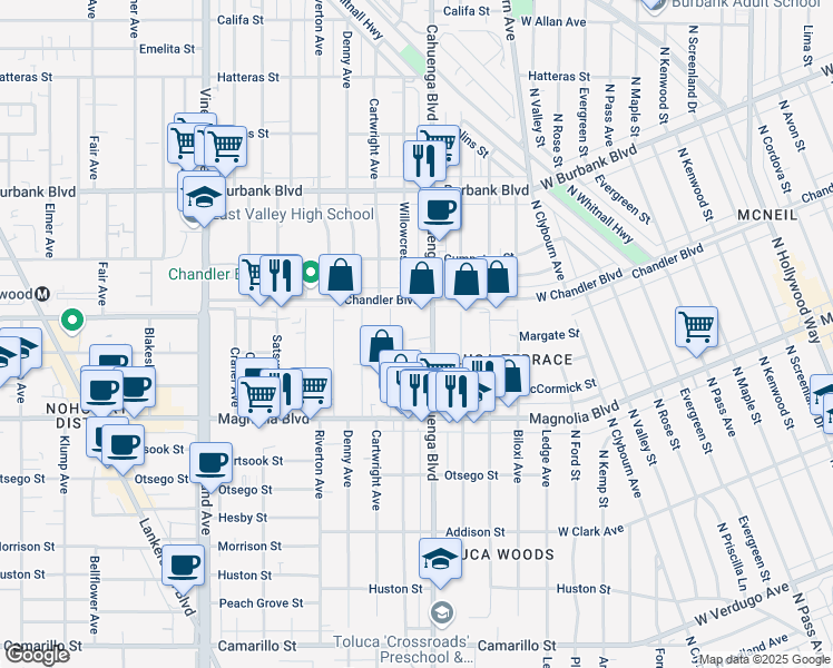 map of restaurants, bars, coffee shops, grocery stores, and more near 5301 Cahuenga Boulevard in Los Angeles