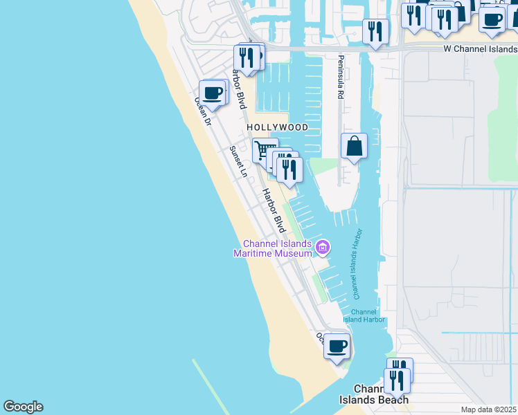 map of restaurants, bars, coffee shops, grocery stores, and more near 3661 Sunset Lane in Oxnard
