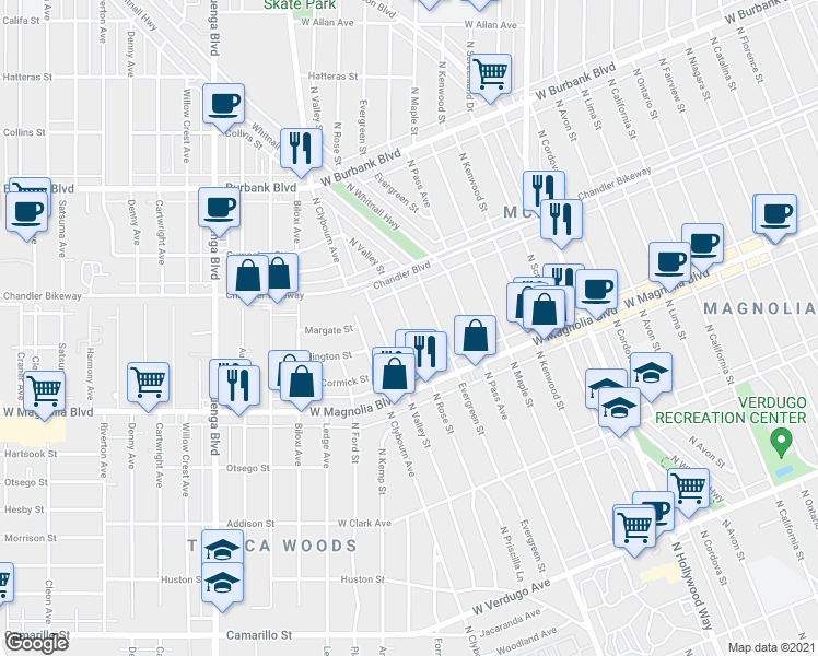 map of restaurants, bars, coffee shops, grocery stores, and more near North Rose Street in Burbank