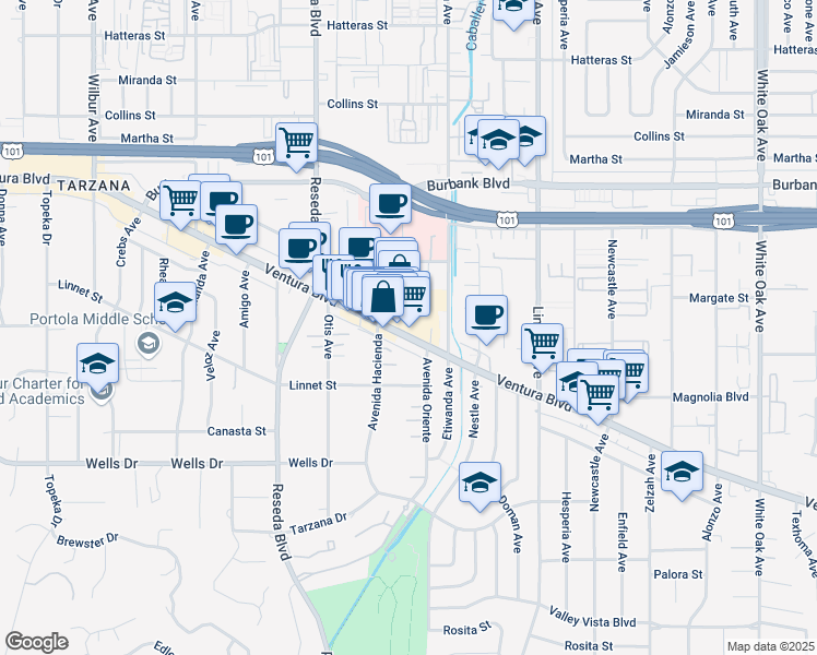 map of restaurants, bars, coffee shops, grocery stores, and more near 5246 Avenida Hacienda in Los Angeles