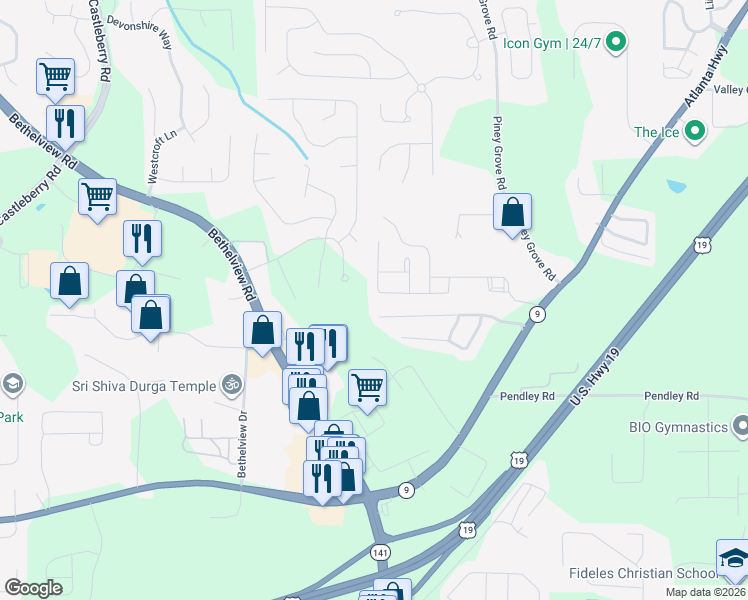 map of restaurants, bars, coffee shops, grocery stores, and more near 2420 Lexington Lane in Cumming