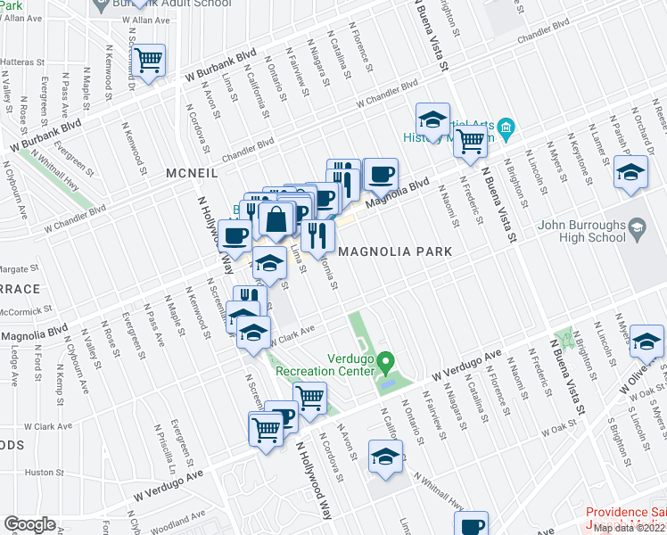 map of restaurants, bars, coffee shops, grocery stores, and more near 900 North California Street in Burbank