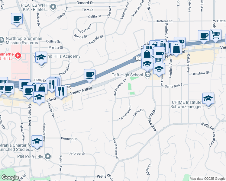 map of restaurants, bars, coffee shops, grocery stores, and more near 20300 Reaza Place in Los Angeles