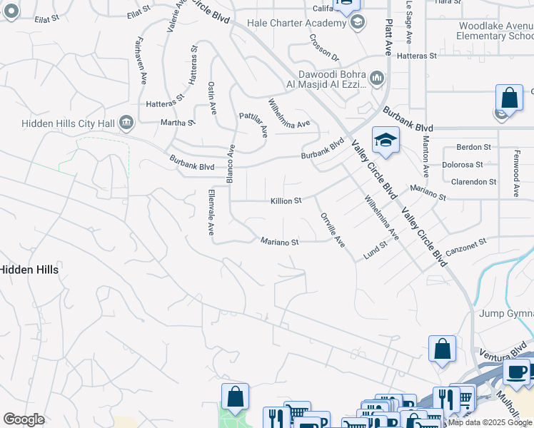 map of restaurants, bars, coffee shops, grocery stores, and more near 24105 Albers Street in Los Angeles