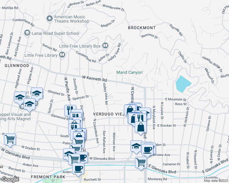map of restaurants, bars, coffee shops, grocery stores, and more near 1421 North Central Avenue in Glendale