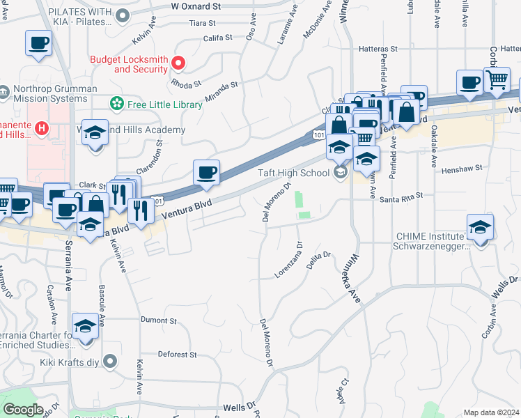map of restaurants, bars, coffee shops, grocery stores, and more near 20300 Reaza Place in Los Angeles