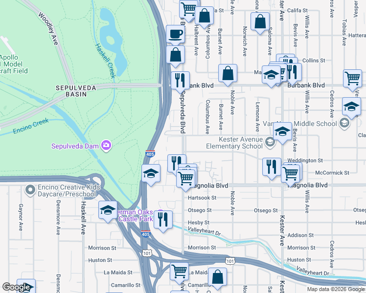 map of restaurants, bars, coffee shops, grocery stores, and more near 5332 Sepulveda Boulevard in Los Angeles