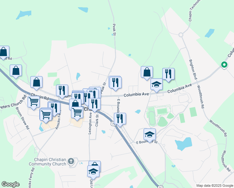 map of restaurants, bars, coffee shops, grocery stores, and more near 101 East Boundary Street in Chapin