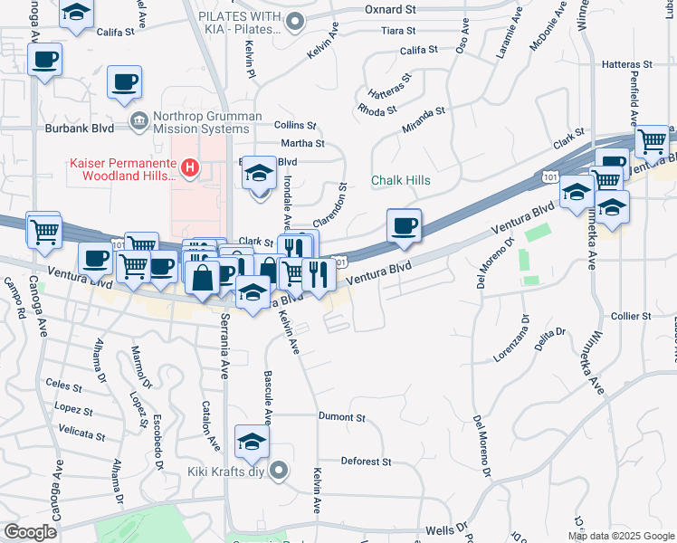 map of restaurants, bars, coffee shops, grocery stores, and more near 20642 Ventura Boulevard in Los Angeles