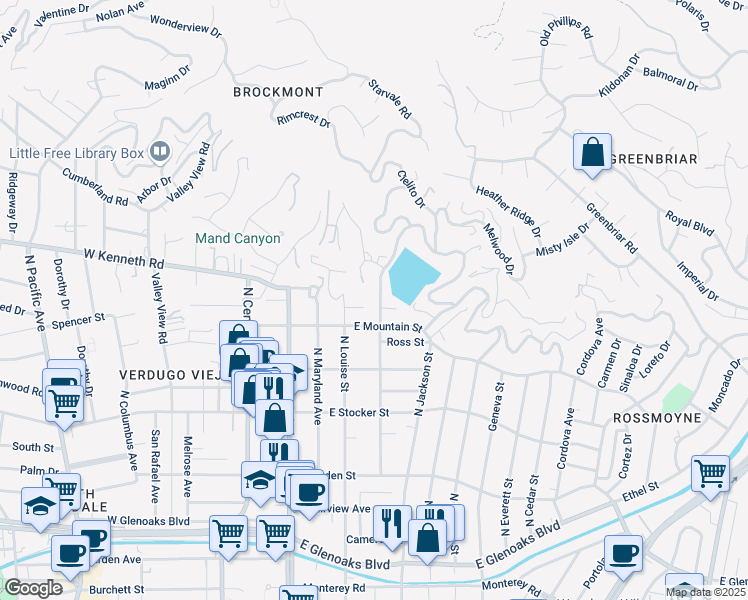 map of restaurants, bars, coffee shops, grocery stores, and more near 401 East Mountain Street in Glendale