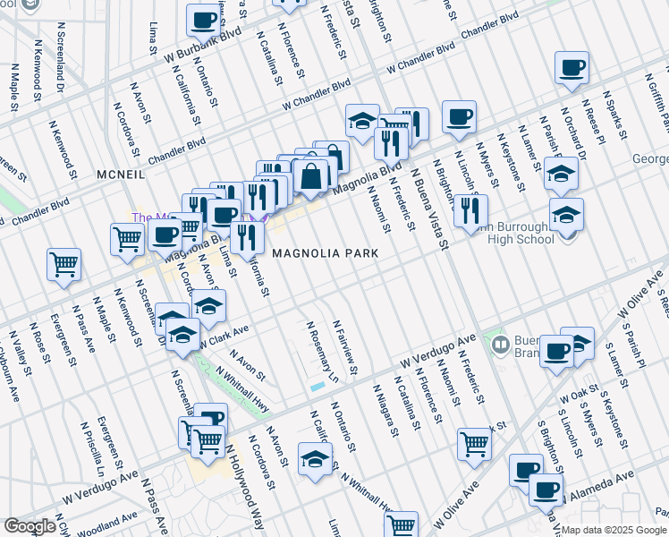 map of restaurants, bars, coffee shops, grocery stores, and more near 722 North Niagara Street in Burbank