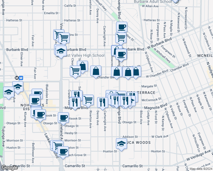 map of restaurants, bars, coffee shops, grocery stores, and more near 5335 Cartwright Avenue in Los Angeles