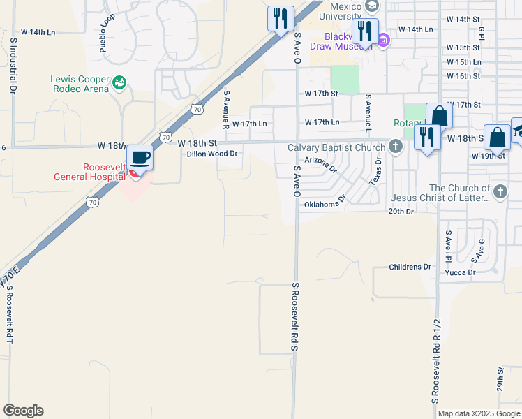 map of restaurants, bars, coffee shops, grocery stores, and more near 600-640 South Roosevelt Road South in Portales