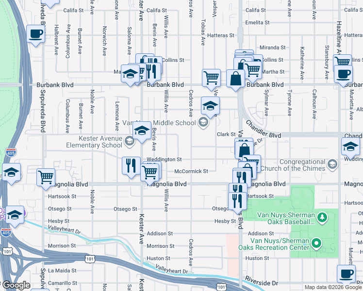 map of restaurants, bars, coffee shops, grocery stores, and more near 5305 Cedros Avenue in Los Angeles