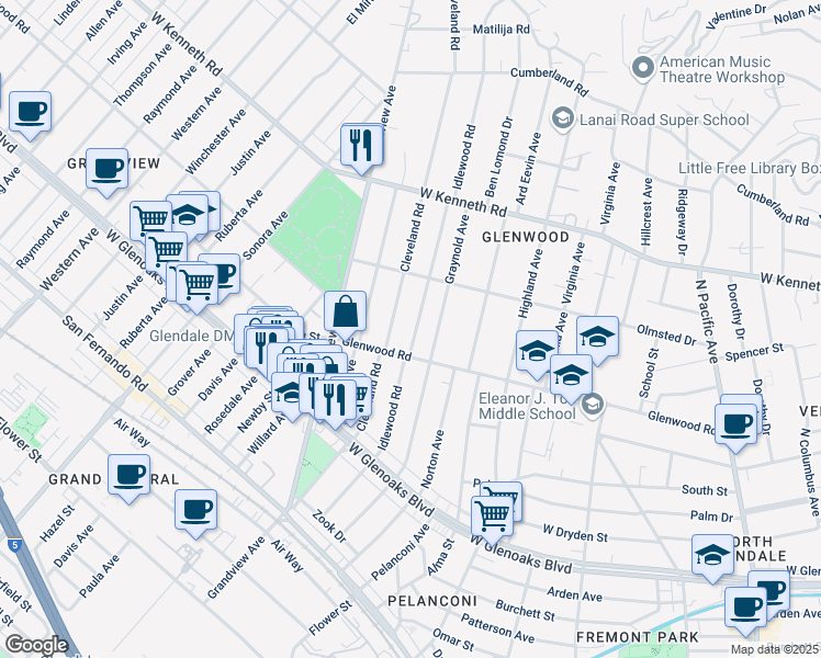 map of restaurants, bars, coffee shops, grocery stores, and more near 1325 Idlewood Road in Glendale
