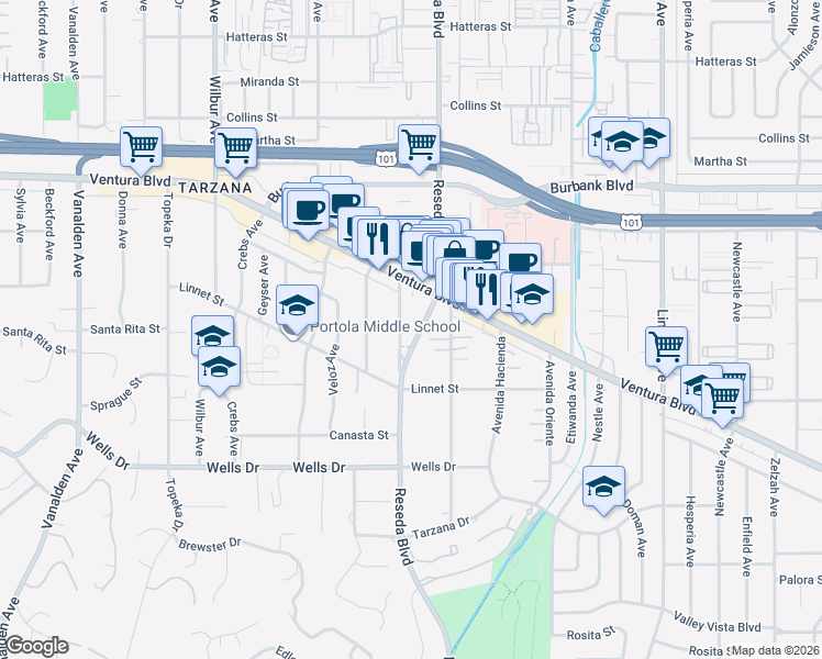 map of restaurants, bars, coffee shops, grocery stores, and more near 5316 Mecca Avenue in Los Angeles