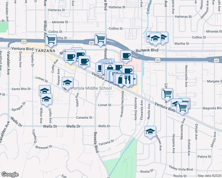 map of restaurants, bars, coffee shops, grocery stores, and more near 5320 Otis Avenue in Los Angeles