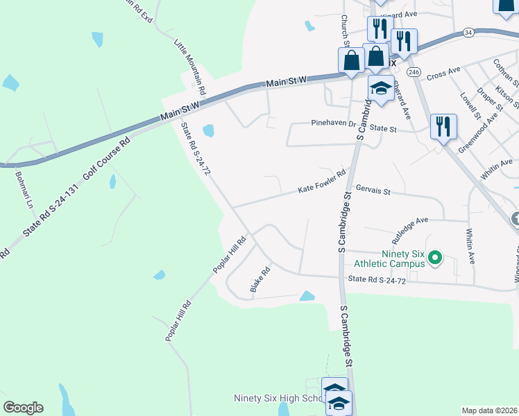 map of restaurants, bars, coffee shops, grocery stores, and more near 110 Dogwood Drive in Ninety Six