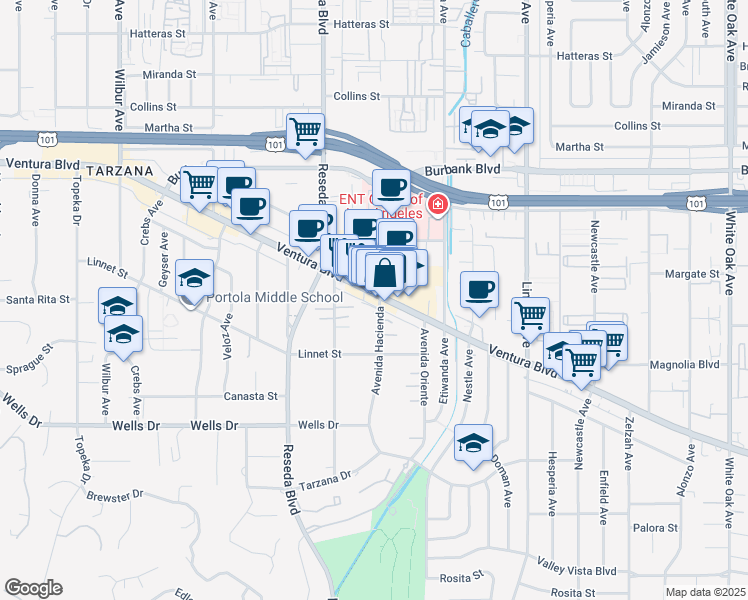 map of restaurants, bars, coffee shops, grocery stores, and more near 18434 Sunny Lane in Los Angeles