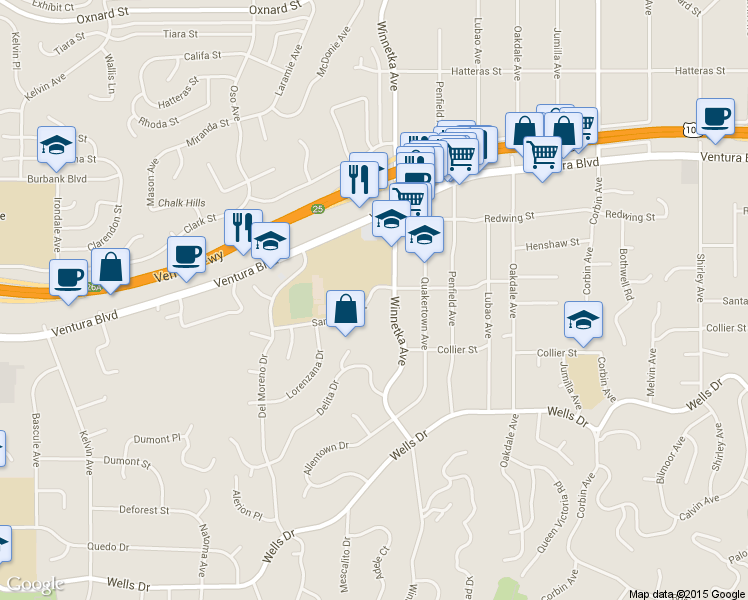 map of restaurants, bars, coffee shops, grocery stores, and more near 20142 Santa Rita Street in Los Angeles