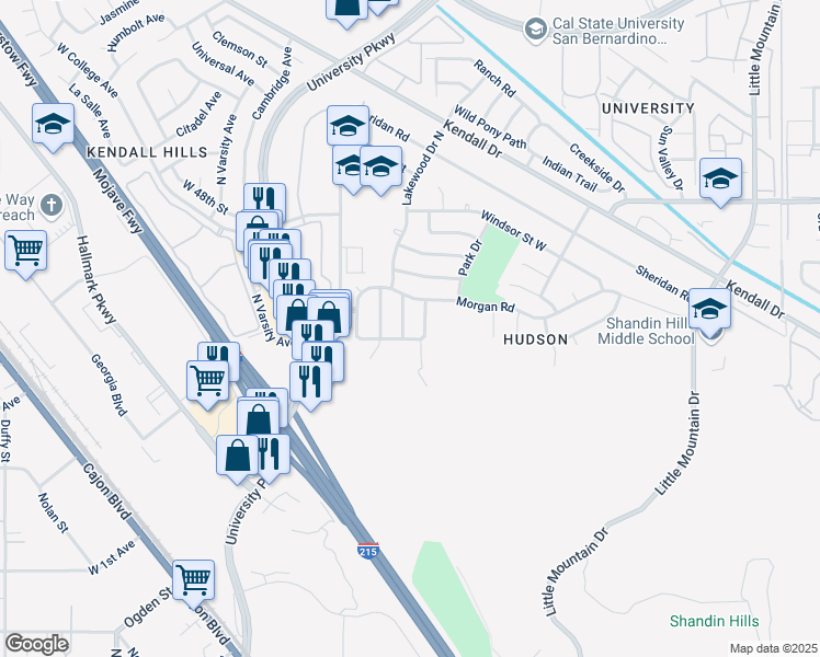 map of restaurants, bars, coffee shops, grocery stores, and more near 1621 Grossmont Road in San Bernardino