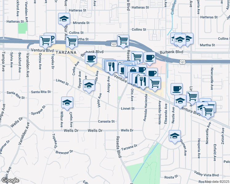 map of restaurants, bars, coffee shops, grocery stores, and more near 5317 Mecca Avenue in Los Angeles