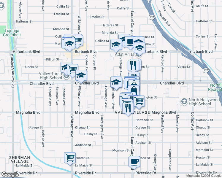 map of restaurants, bars, coffee shops, grocery stores, and more near in Los Angeles