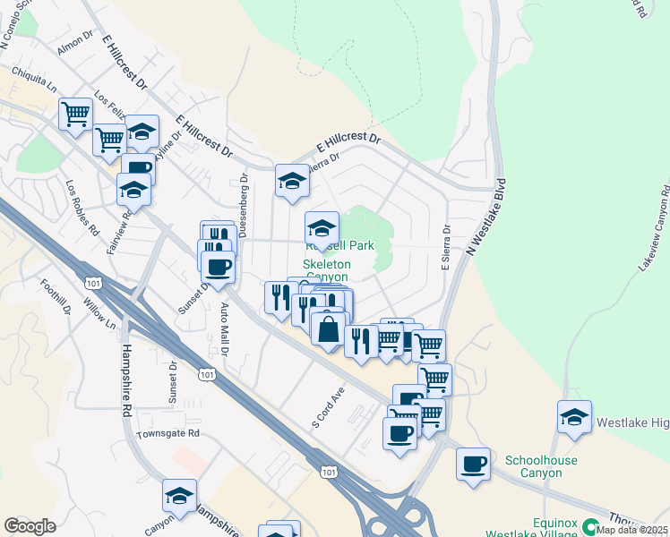 map of restaurants, bars, coffee shops, grocery stores, and more near 3333 Medicine Bow Court in Thousand Oaks