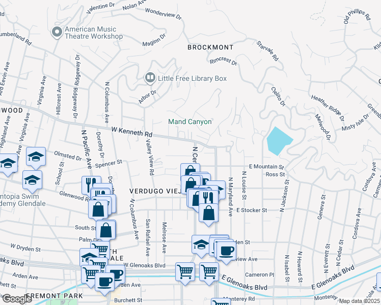 map of restaurants, bars, coffee shops, grocery stores, and more near 1421 North Central Avenue in Glendale