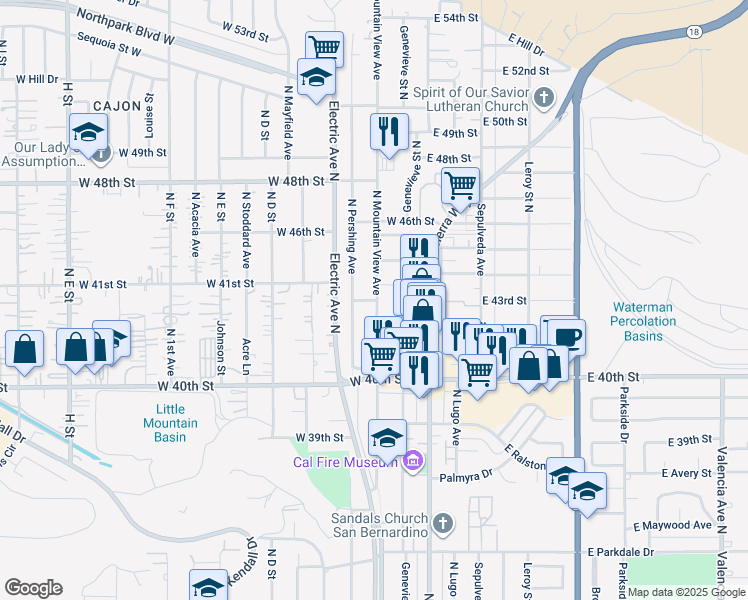 map of restaurants, bars, coffee shops, grocery stores, and more near 4215 North Pershing Avenue in San Bernardino