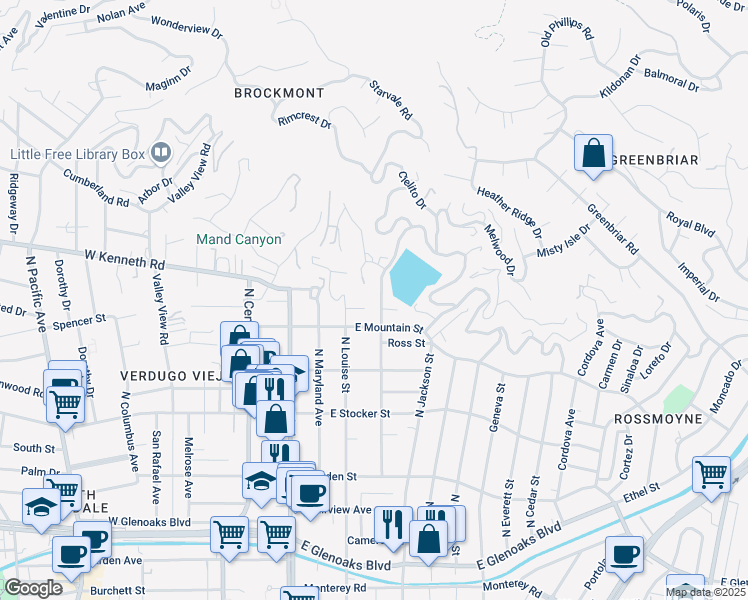 map of restaurants, bars, coffee shops, grocery stores, and more near 401 East Mountain Street in Glendale