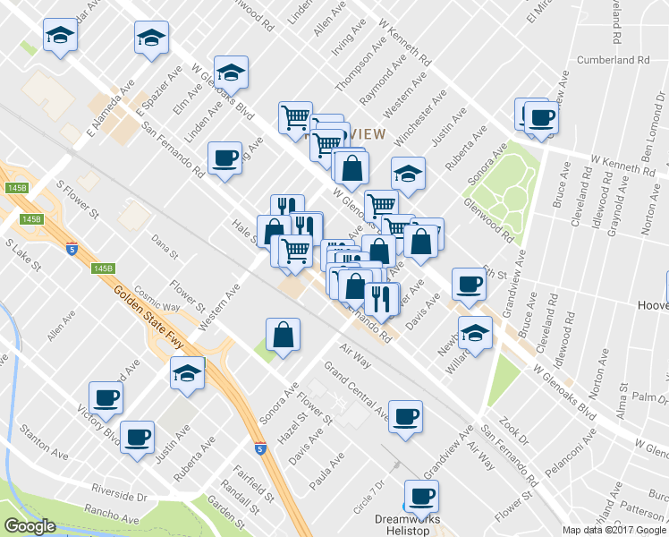 map of restaurants, bars, coffee shops, grocery stores, and more near 6439 San Fernando Road in Glendale