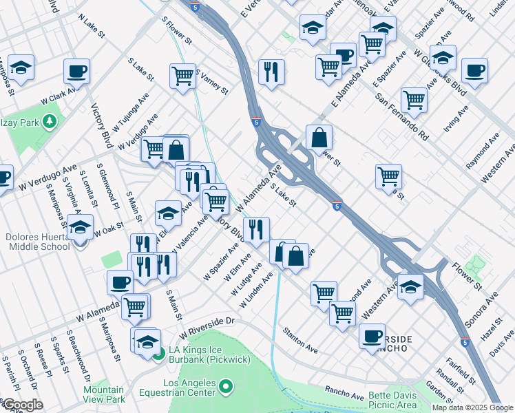 map of restaurants, bars, coffee shops, grocery stores, and more near 1015 Omer Lane in Burbank